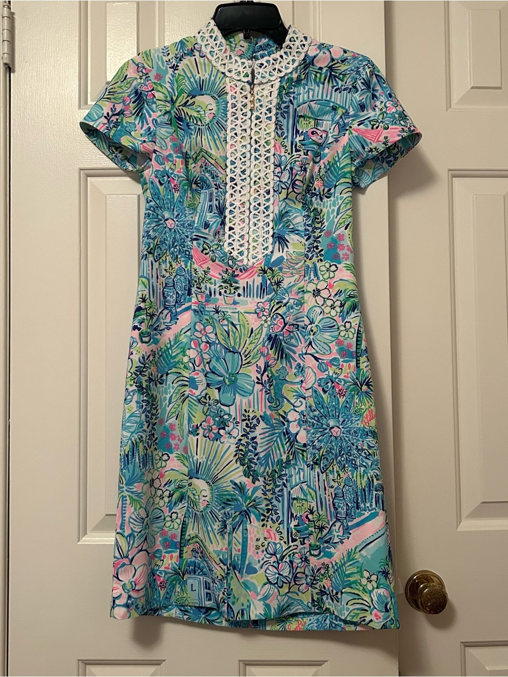 Lilly Pulitzer Lilly's House Print Adrena Stretch Shift Dress Lace Trim Size 0